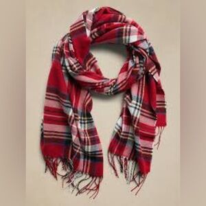 BANANA REPUBLIC Red Plaid 100% Acrylic Rectangular Scarf With Fringe NWT